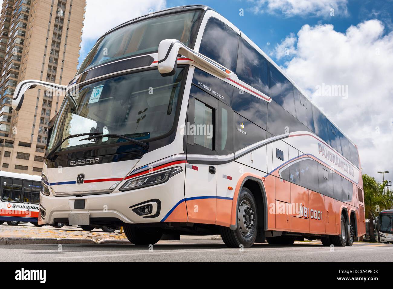 Busscar panoramico DD NB1 Scania K410C NB Euro 6 2024 in mostra alla fiera Bus Brasil Fest 2024 in Brasile. Foto Stock