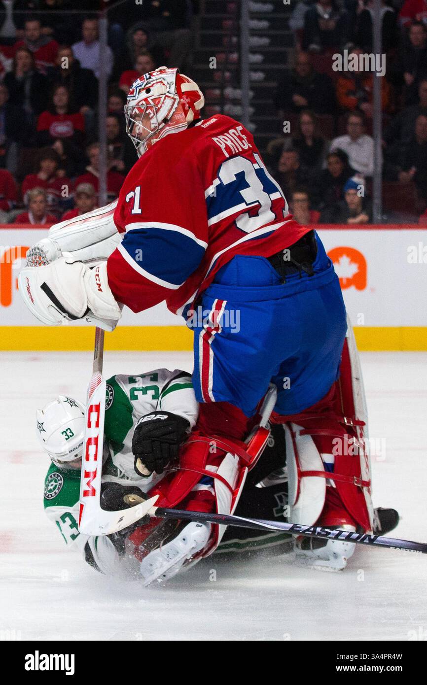27 GENNAIO 2015 : il difensore dei Dallas Stars Alex Goligoski n. 33 si schianta contro il portiere dei Montreal Canadiens Carey Price n. 31 durante una partita della NHL tra i Dallas Stars e i Montreal Canadiens al Bell Centre di Montreal, Quebec, Canada. I Montreal Canadiens sconfissero i Dallas Stars per 3-2. Philippe Bouchard/CSM(immagine di credito: © Philippe Bouchard/Cal Sports Med/Cal Sport Media/ZUMAPRESS.com) Foto Stock