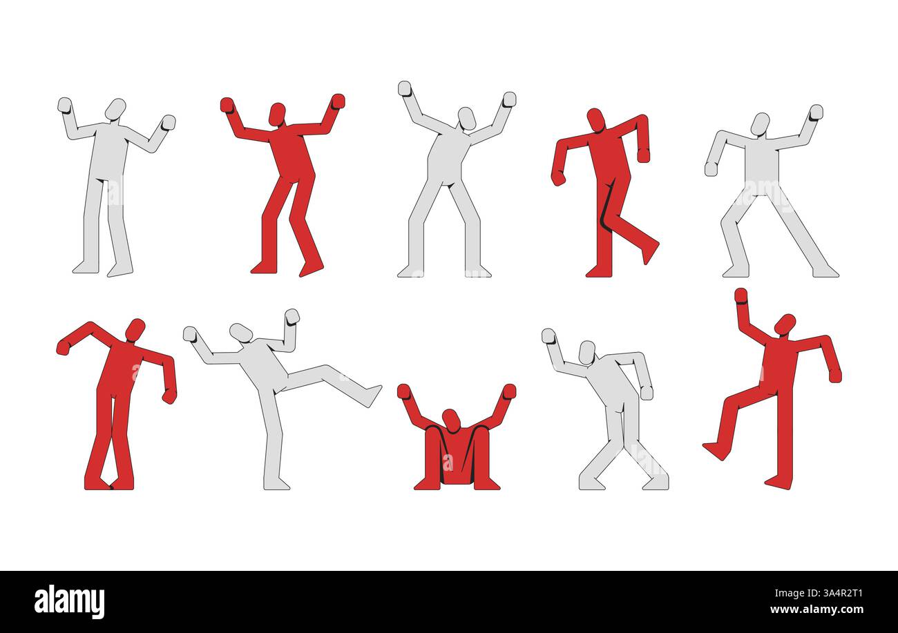 Figure umane astratte senza volto in pose dinamiche set di personaggi dei cartoni animati 2D. Illustrazione Vettoriale