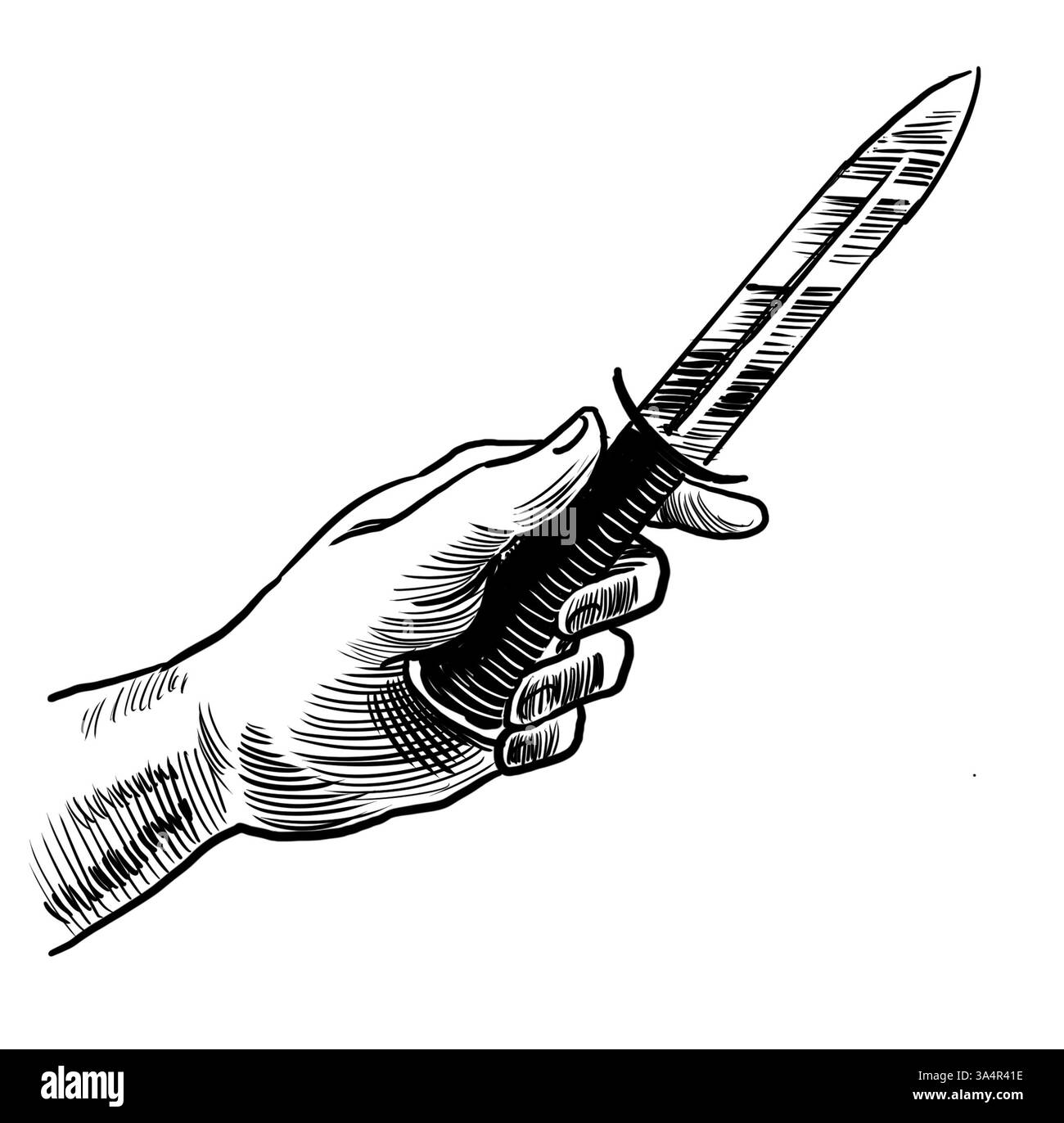 Mano con un coltello. Illustrazione in bianco e nero disegnata a mano in stile retrò Foto Stock