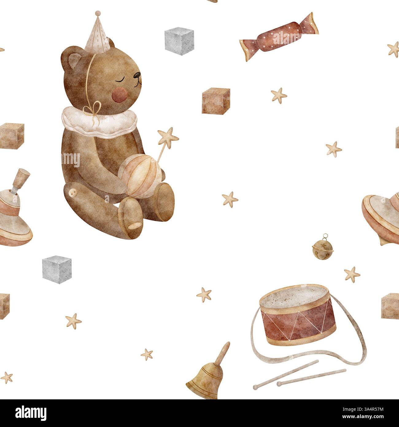 Motivo senza cuciture di giocattoli vintage orsacchiotto, top rotante, palla, cubi da gioco, stelle. Illustrazione acquerello su sfondo bianco per la stampa Foto Stock
