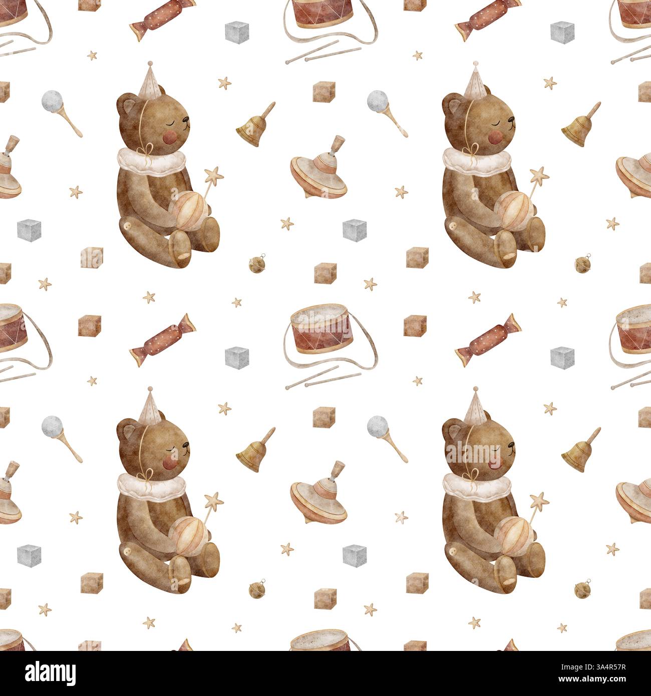 Giochi vintage con motivo ad acquerello, orsacchiotto, top, tamburo, campana, caramelle. Stampa senza interruzioni di illustrazioni in stile cartone animato disegnate a mano su sfondo bianco per Foto Stock