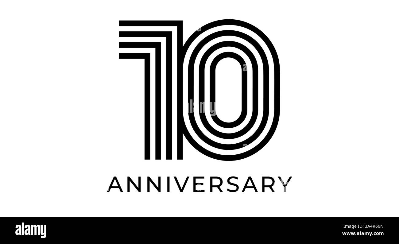 logo del decimo anniversario in moderno stile geometrico a righe. Numero 10 per traguardi aziendali, branding di compleanni, celebrazioni, marketing di eventi. Vettore Illustrazione Vettoriale