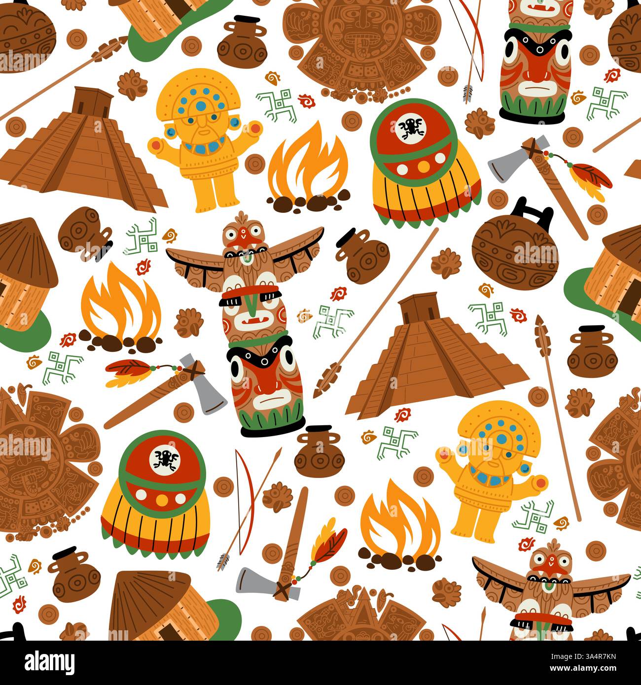 L'antica civiltà maya è caratterizzata da uno schema senza cuciture. Cultura etnica indiana. Totem Tiki. Idolo sudamericano. Tomahawk e Arrow. Aztechi e Incas tribali Illustrazione Vettoriale