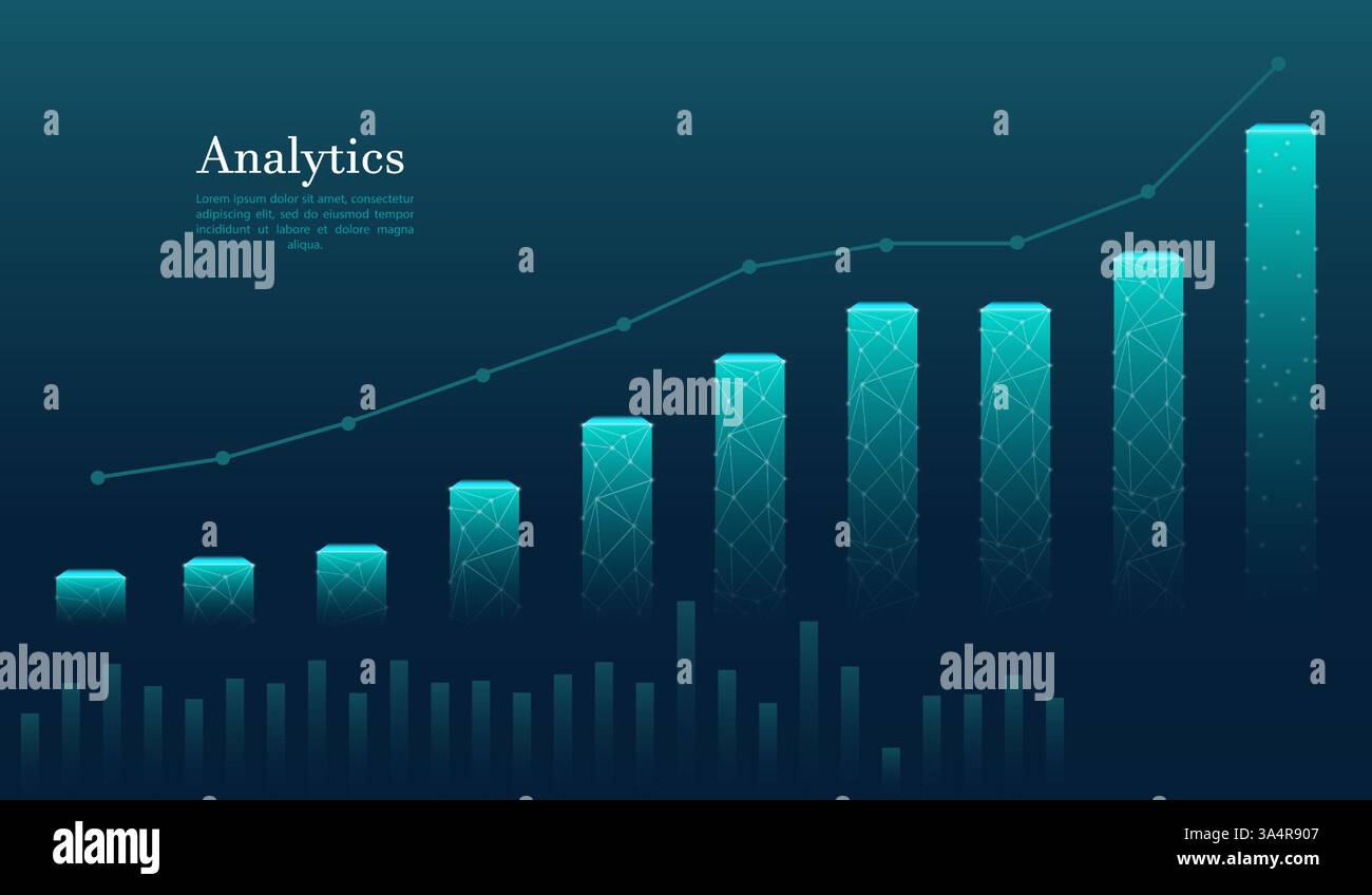 Grafico di crescita dell'analisi. Aumento dei punti dati delle connessioni poligonali del grafico a barre sfondo blu. Finanza digitale, statistiche commerciali, tendenze di mercato, d Illustrazione Vettoriale