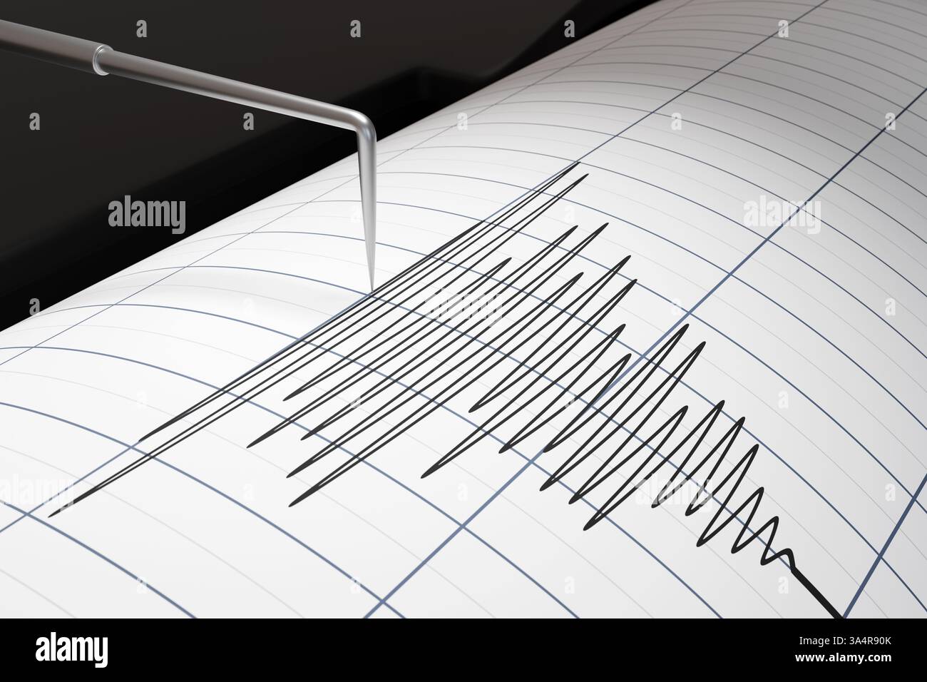 La testa della stampante di un rilevatore di terremoti è in oscillazione, tracciando le curve delle onde di impulso ad alta frequenza su carta grafica. Concetto di rilevamento del tremore Foto Stock