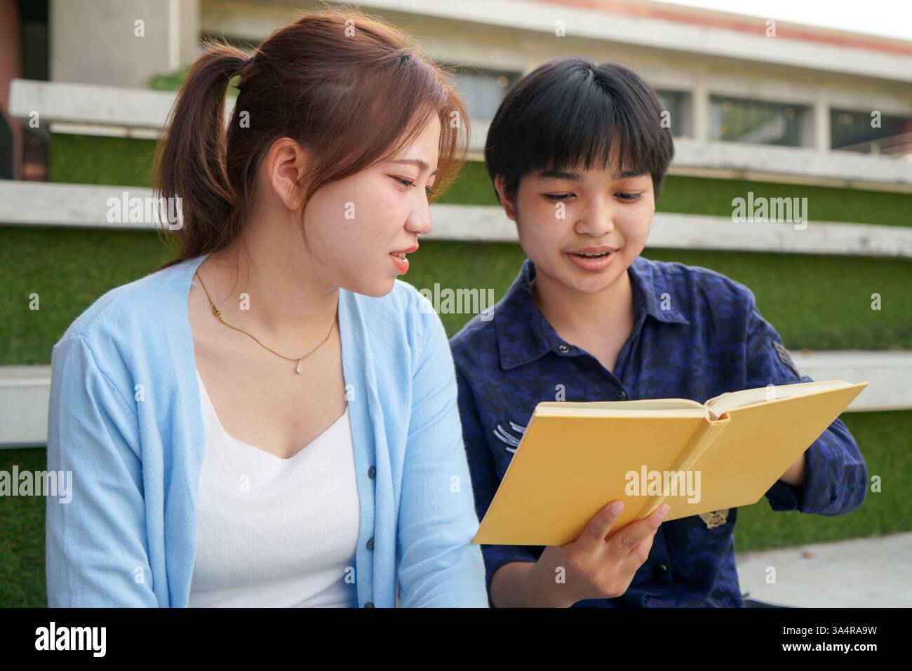 due studenti universitari asiatici seduti su una panchina in un ambiente universitario moderno, impegnati in una discussione amichevole su un libro condiviso Foto Stock