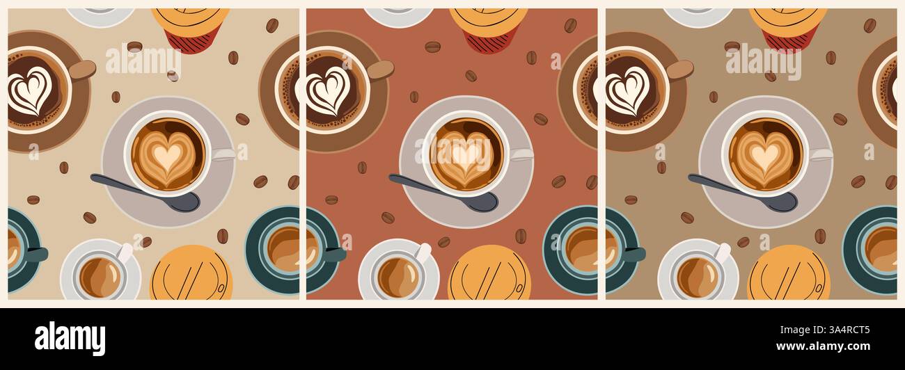 Caffè senza cuciture con tazze e chicchi da vista dall'alto Illustrazione Vettoriale