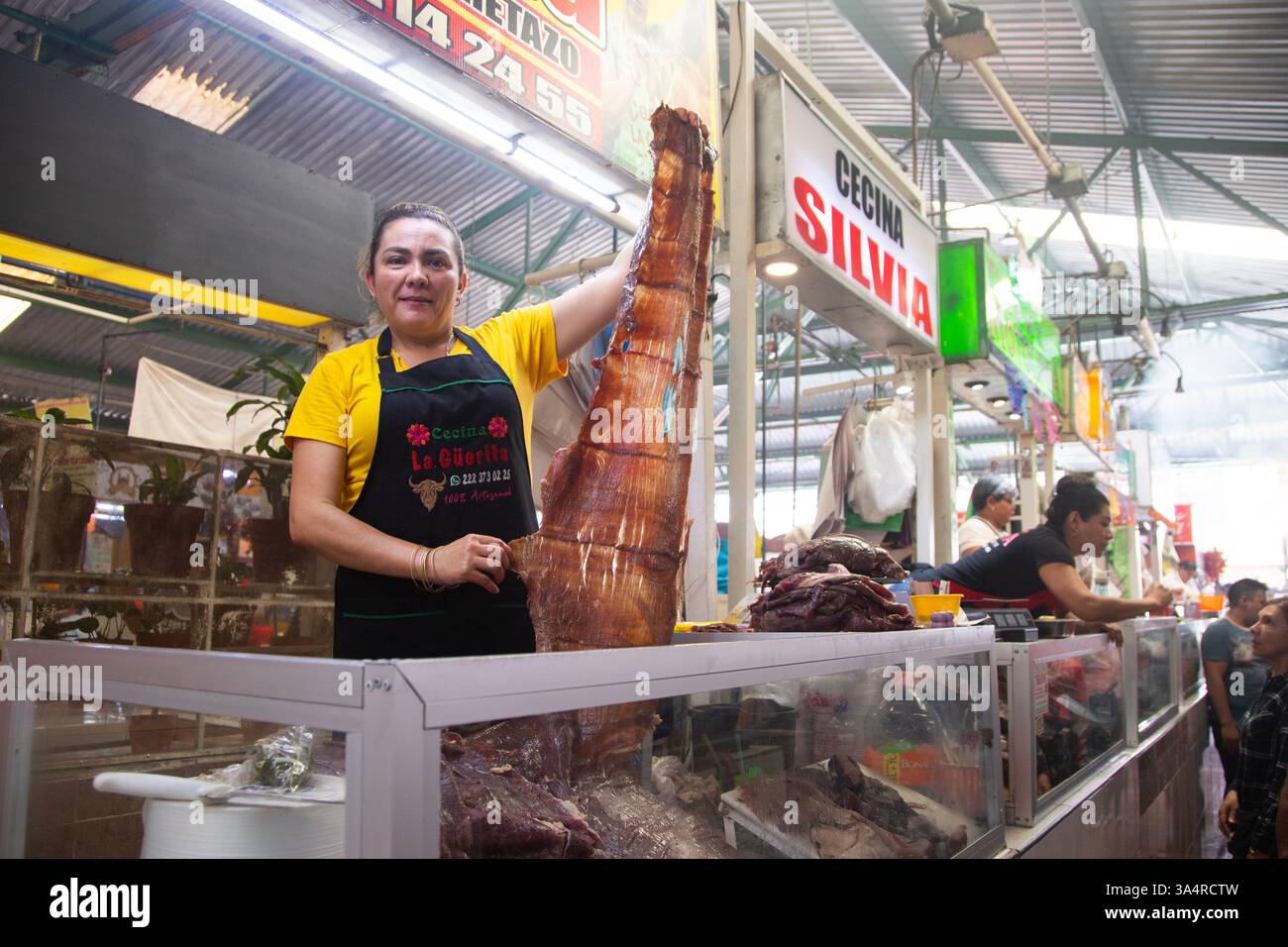 Atlixco, Puebla, Messico; 1 gennaio 2025: Atmosfera al mercato Benito Juarez , famoso per i suoi salumi e le sue bancarelle alimentari. Foto Stock