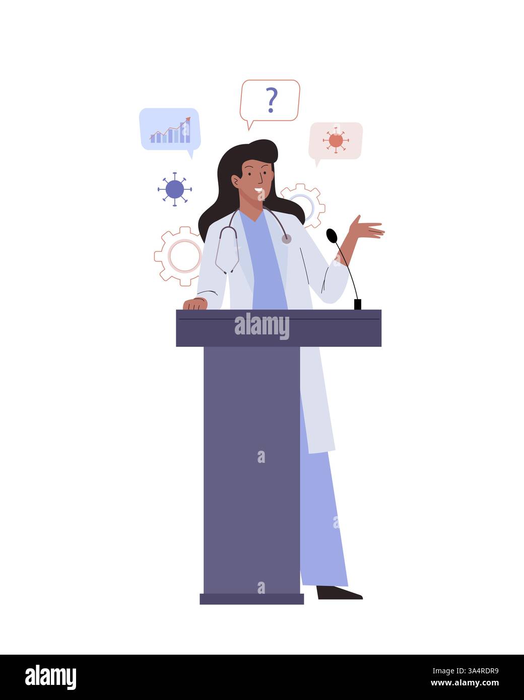Conferenza medica. Medico donna con microfono che parla dalla tribuna per il pubblico. Presentazione ricerca medica scientifica, discorso pubblico Illustrazione Vettoriale