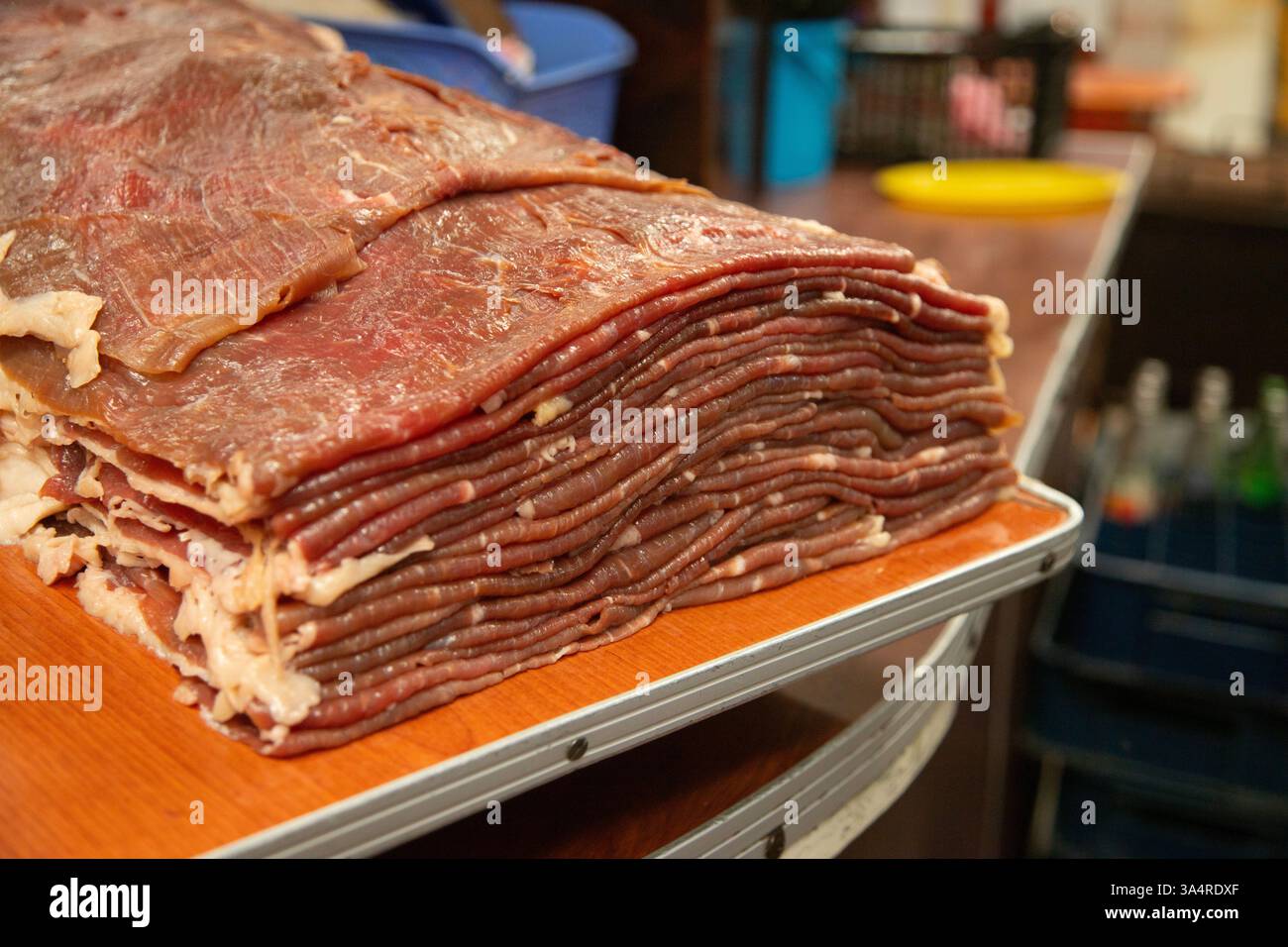 Manzo jerky barbacoa è il piatto tradizionale di Atlixco nella regione di Puebla in Messico. Foto Stock