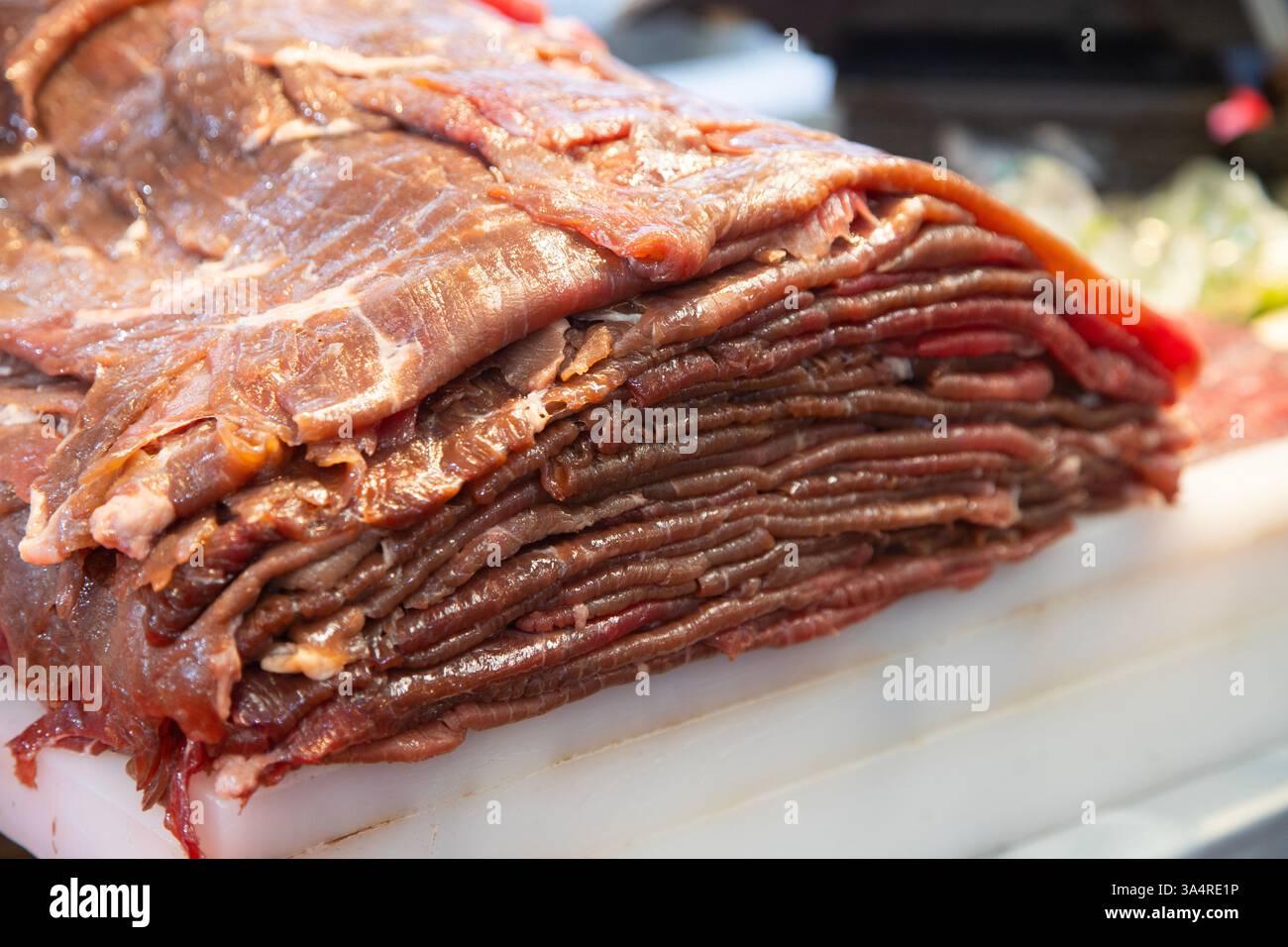 Manzo jerky barbacoa è il piatto tradizionale di Atlixco nella regione di Puebla in Messico. Foto Stock