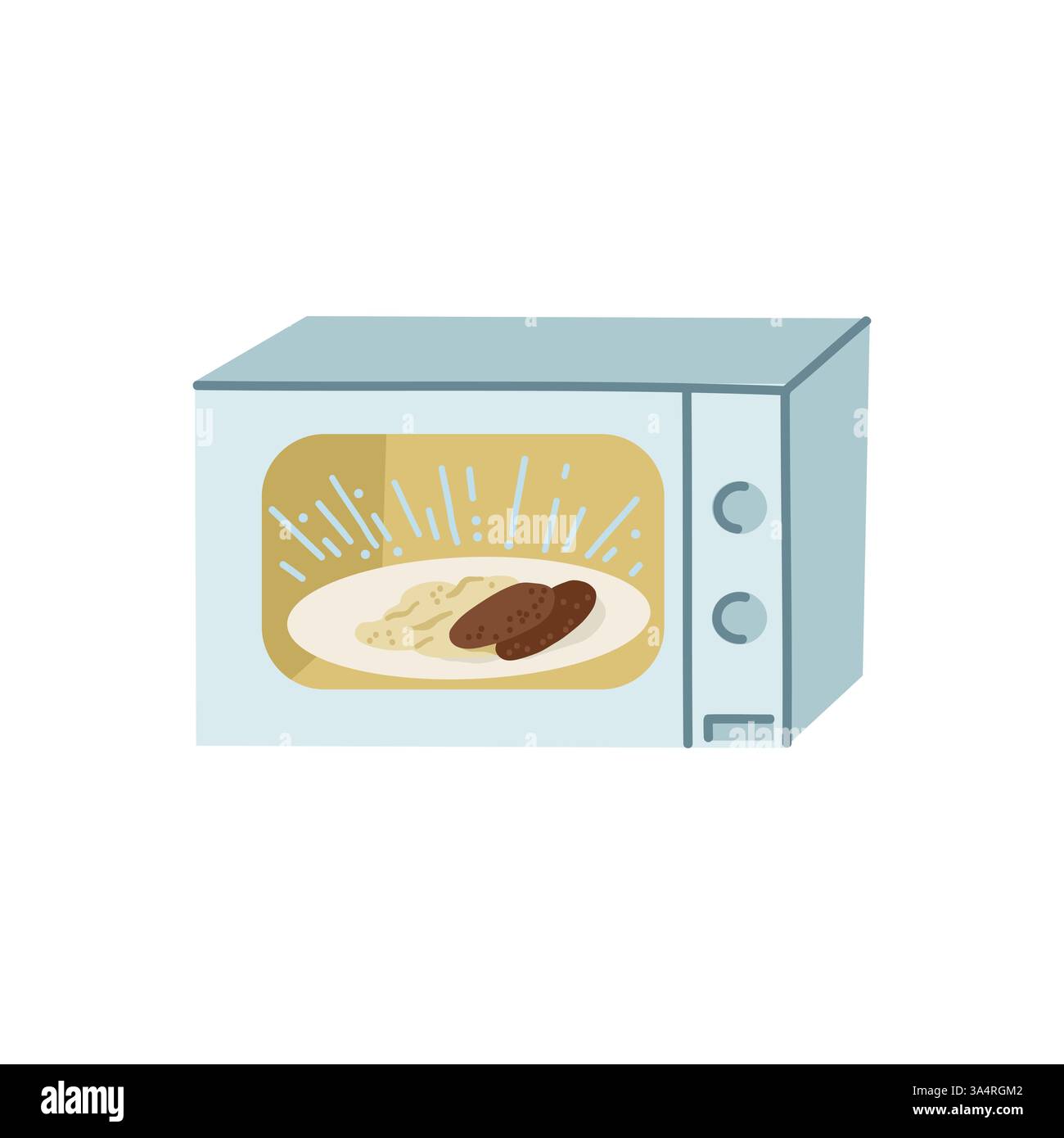 Forno a microonde con alimenti riscaldati su una piastra interna, isolato su sfondo bianco Illustrazione Vettoriale