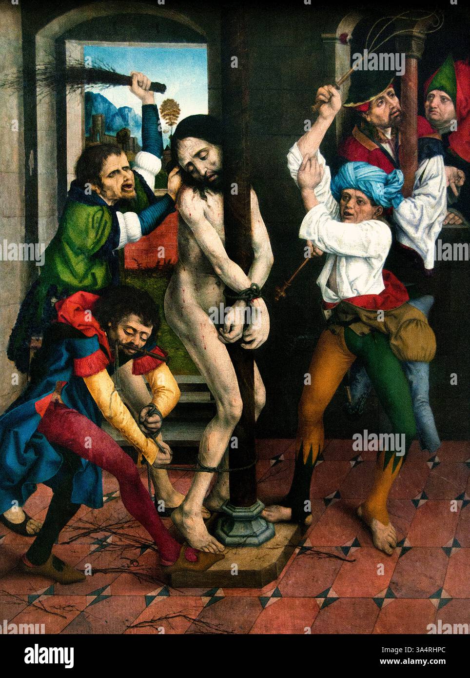 La Flagellazione di Cristo è anche chiamata Maestro dell'altare dello stretto dal Maestro LCZ 1490 - 1500 Austria Austrian Louvre France fine Art Museum Paris.( la Flagellazione di Cristo è un evento significativo nella tradizione cristiana, che raffigura la tortura fisica di Gesù da parte dei soldati romani prima della sua crocifissione. È descritto nei Vangeli di Giovanni, Marco e Matteo. Artisti rinascimentali spesso rappresentavano questa scena, spesso usandola come punto focale per esplorare temi di sofferenza, sacrificio e potere della fede ) Foto Stock