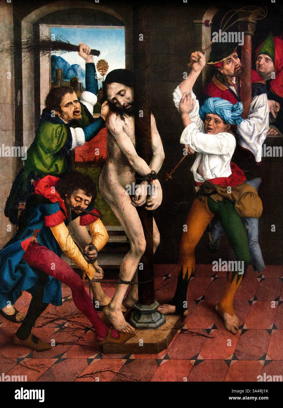 La Flagellazione di Cristo è anche chiamata Maestro dell'altare dello stretto dal Maestro LCZ 1490 - 1500 Austria Austrian Louvre France fine Art Museum Paris.( la Flagellazione di Cristo è un evento significativo nella tradizione cristiana, che raffigura la tortura fisica di Gesù da parte dei soldati romani prima della sua crocifissione. È descritto nei Vangeli di Giovanni, Marco e Matteo. Artisti rinascimentali spesso rappresentavano questa scena, spesso usandola come punto focale per esplorare temi di sofferenza, sacrificio e potere della fede ) Foto Stock