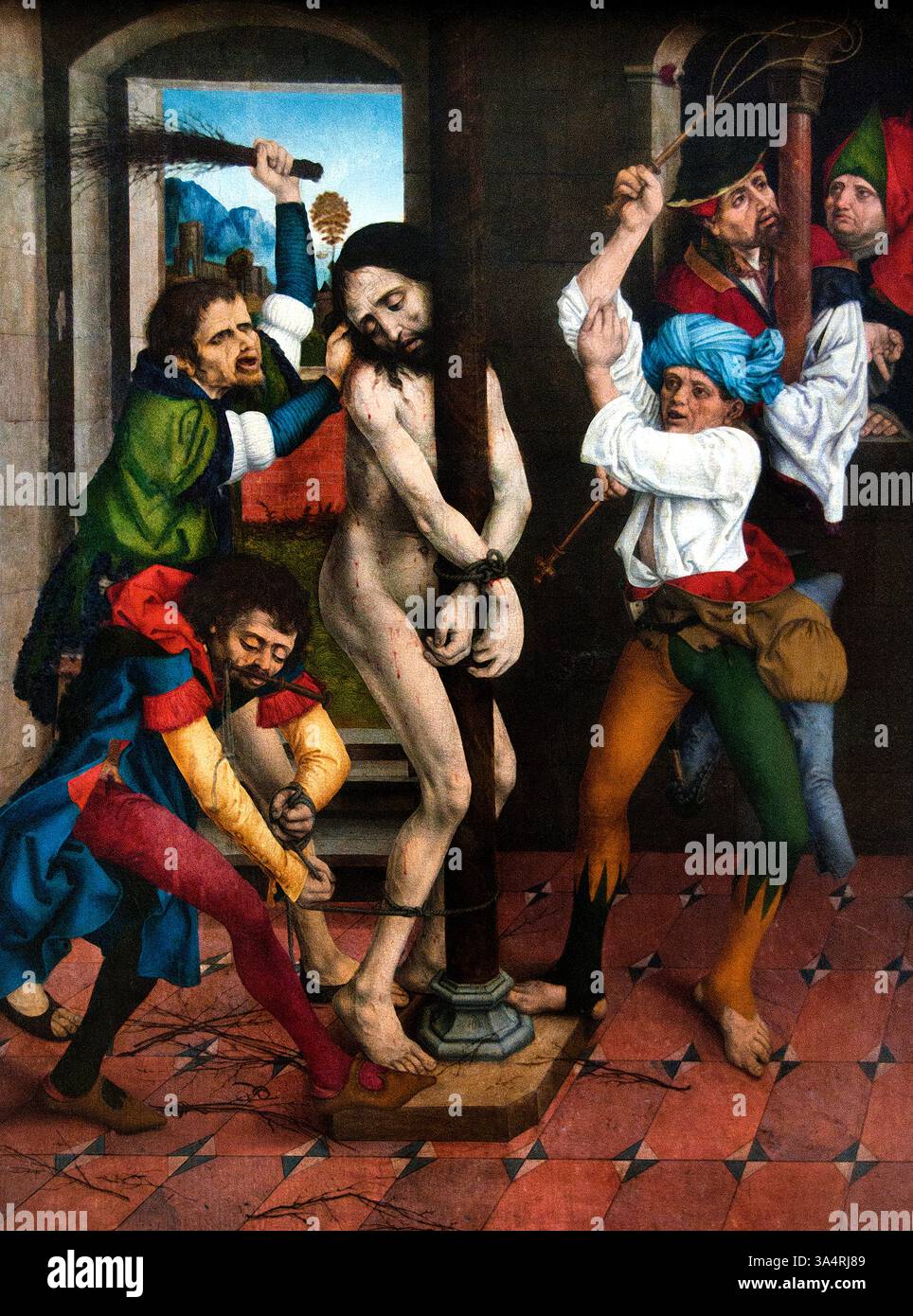 La Flagellazione di Cristo è anche chiamata Maestro dell'altare dello stretto dal Maestro LCZ 1490 - 1500 Austria Austrian Louvre France fine Art Museum Paris.( la Flagellazione di Cristo è un evento significativo nella tradizione cristiana, che raffigura la tortura fisica di Gesù da parte dei soldati romani prima della sua crocifissione. È descritto nei Vangeli di Giovanni, Marco e Matteo. Artisti rinascimentali spesso rappresentavano questa scena, spesso usandola come punto focale per esplorare temi di sofferenza, sacrificio e potere della fede ) Foto Stock