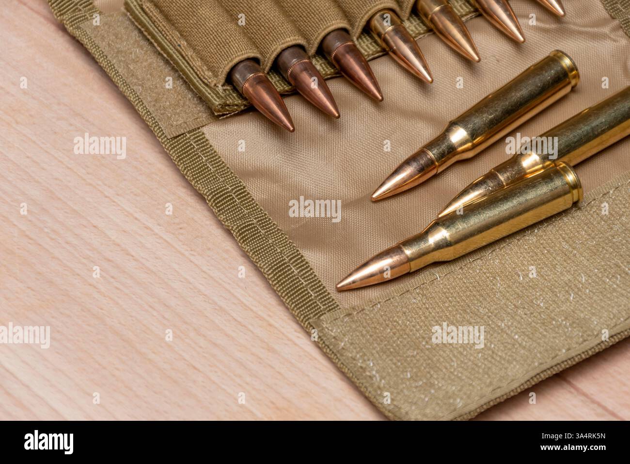 Cartucce metalliche in una custodia protettiva contro una superficie in legno. L'immagine simboleggia l'esercito, la guerra e l'addestramento Foto Stock