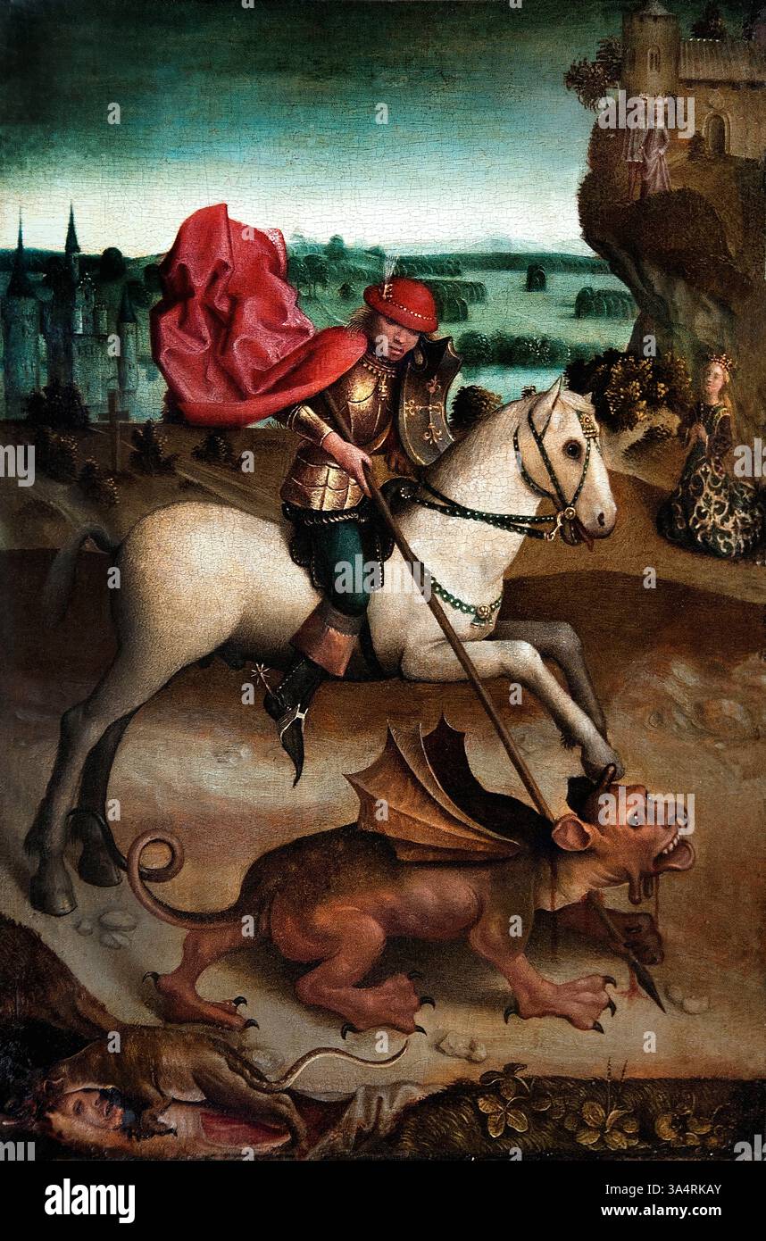 Battaglia di San Giorgio contro il drago - alto Reno, Germania tedesca del tardo XV secolo Hans Baldung Grien o Hinrich Funhof, Louvre Francia Museo di Belle Arti di Parigi. Foto Stock