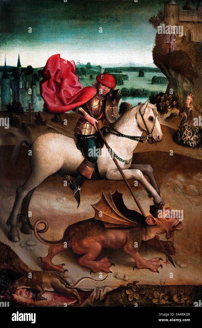 Battaglia di San Giorgio contro il drago - alto Reno, Germania tedesca del tardo XV secolo Hans Baldung Grien o Hinrich Funhof, Louvre Francia Museo di Belle Arti di Parigi. Foto Stock