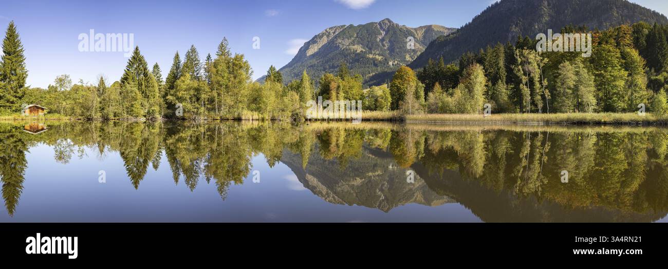 Rubihorn, 1957m, Gaisalphorn, 1953m, e Schattenberg, 1845 m, riflesso d'acqua nello stagno di brughiera, autunno, vicino a Oberstdorf, Oberallgaeu, Allgaeu, Bavari Foto Stock