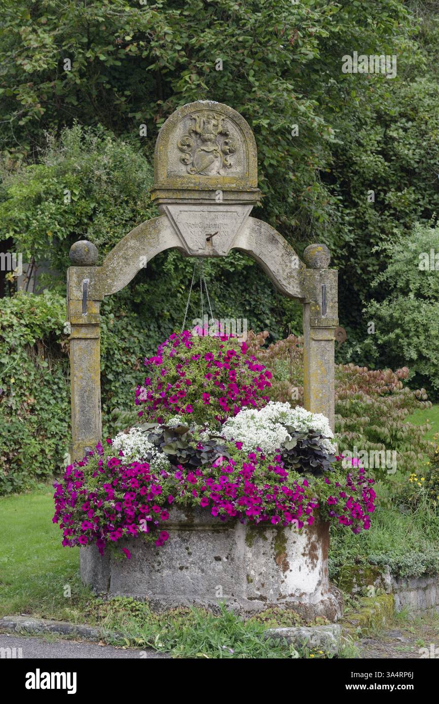 Fontana del villaggio a Finsterrot, Wuestenrot, Wuestenrot-Finsterrot, parco naturale della foresta sveva-Franconica, Germania, Europa Foto Stock