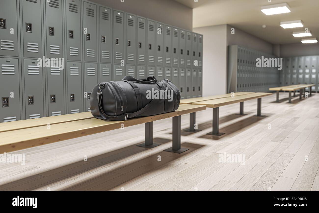 Borsa sportiva appoggiata sulla panchina in spogliatoio vuoto sfondo 3d. Foto Stock