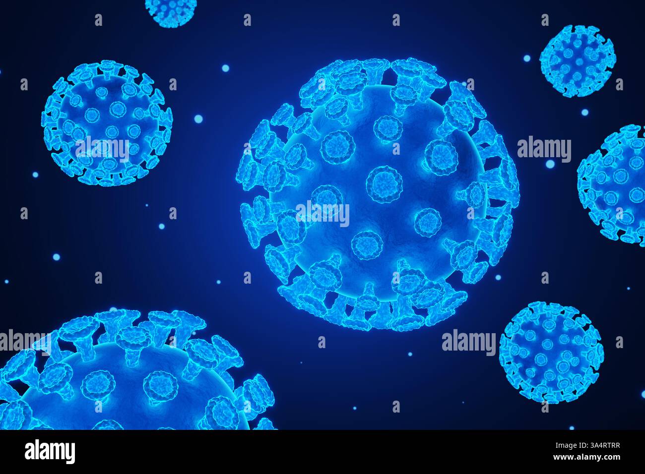 Virus blu brillante al neon che galleggia a mezz'aria su sfondo nero. Illustrazione del concetto di batteri, malattie, pandemie e igiene Foto Stock