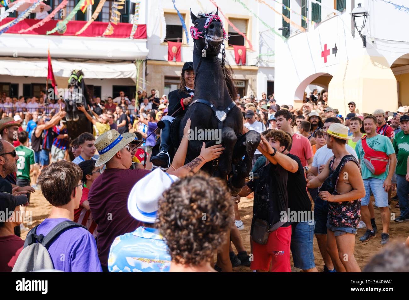 Jaleo, festa tradizionale con cavalli nella città di Ferreries a Minorca, Isole Baleari, Spagna Foto Stock