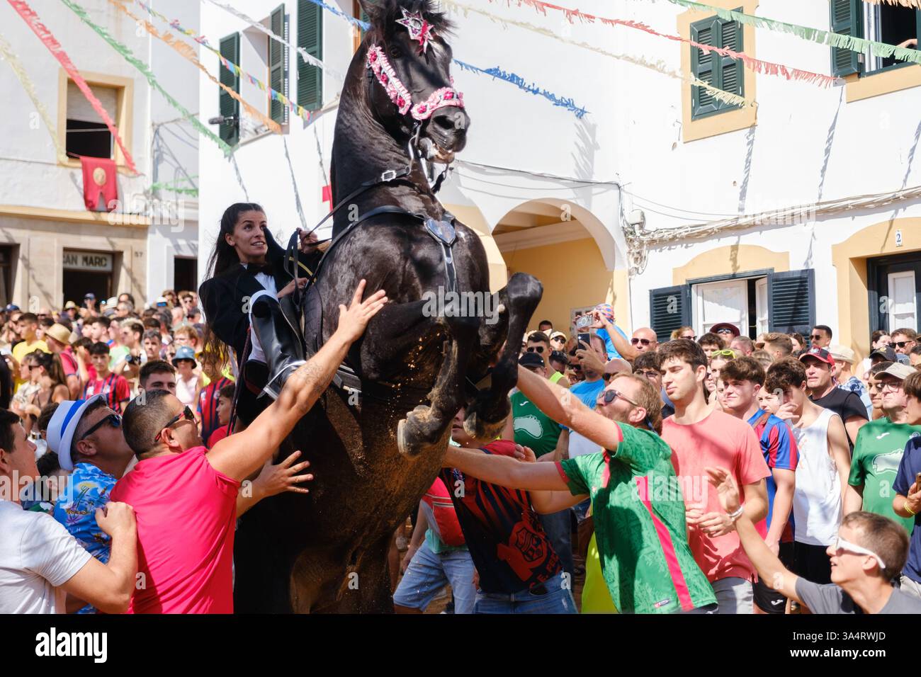 Jaleo, festa tradizionale con cavalli nella città di Ferreries a Minorca, Isole Baleari, Spagna Foto Stock