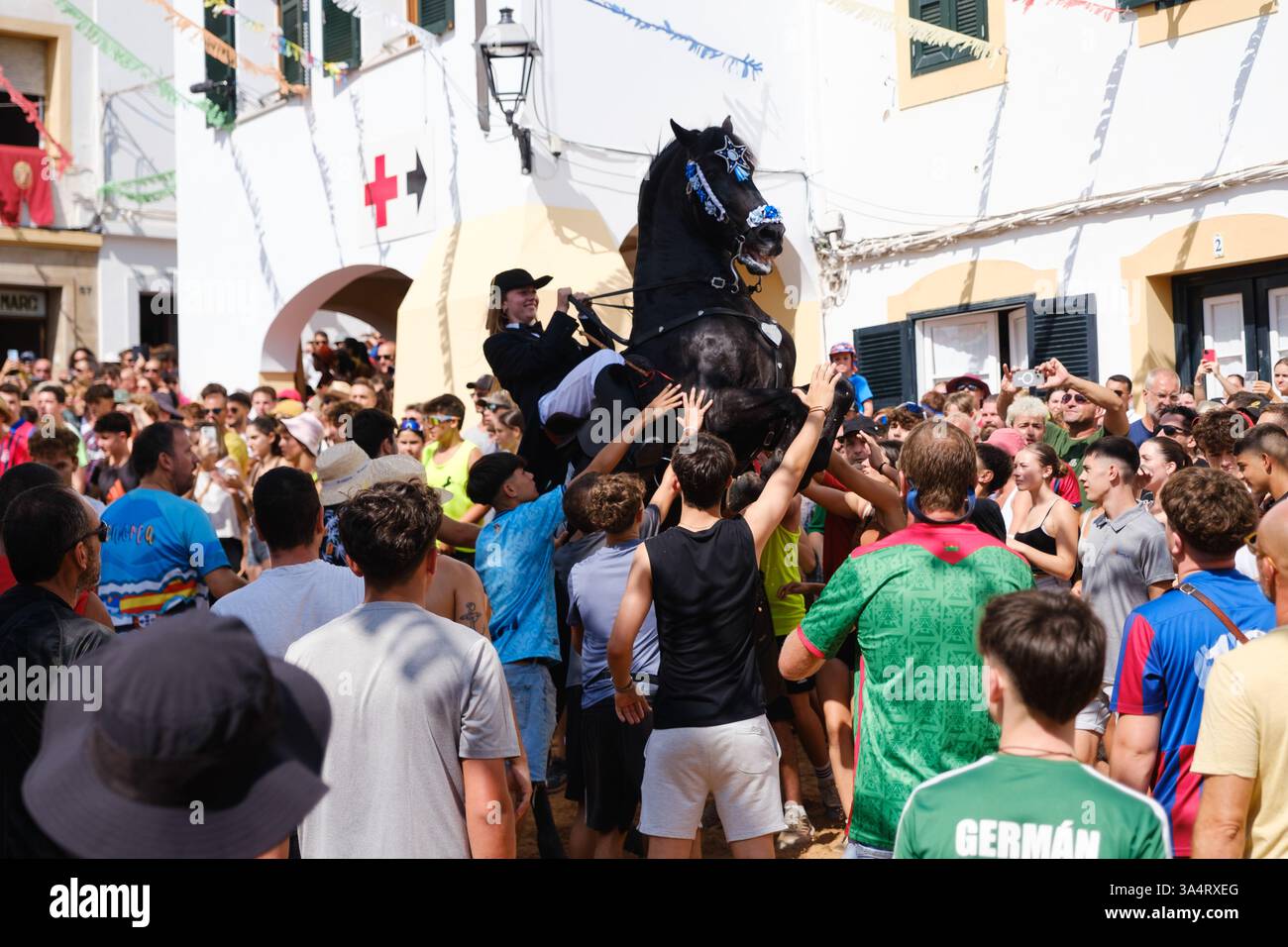Jaleo, festa tradizionale con cavalli nella città di Ferreries a Minorca, Isole Baleari, Spagna Foto Stock