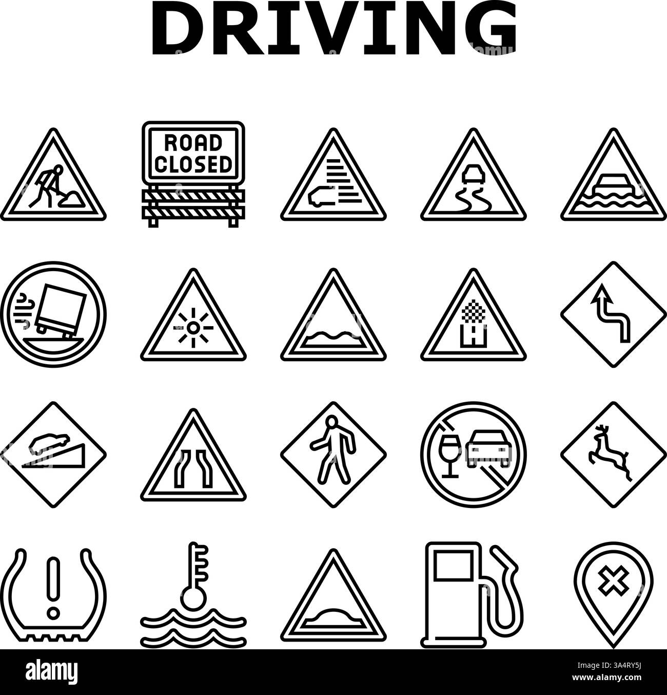 le icone della strada degli ostacoli alla guida della vettura impostano il vettore Illustrazione Vettoriale