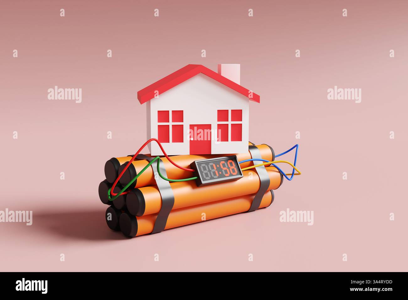 Casa dei giocattoli rossa e bianca su una bomba a orologeria arancione su sfondo rosa. Illustrazione del concetto di bolla immobiliare e problemi abitativi Foto Stock