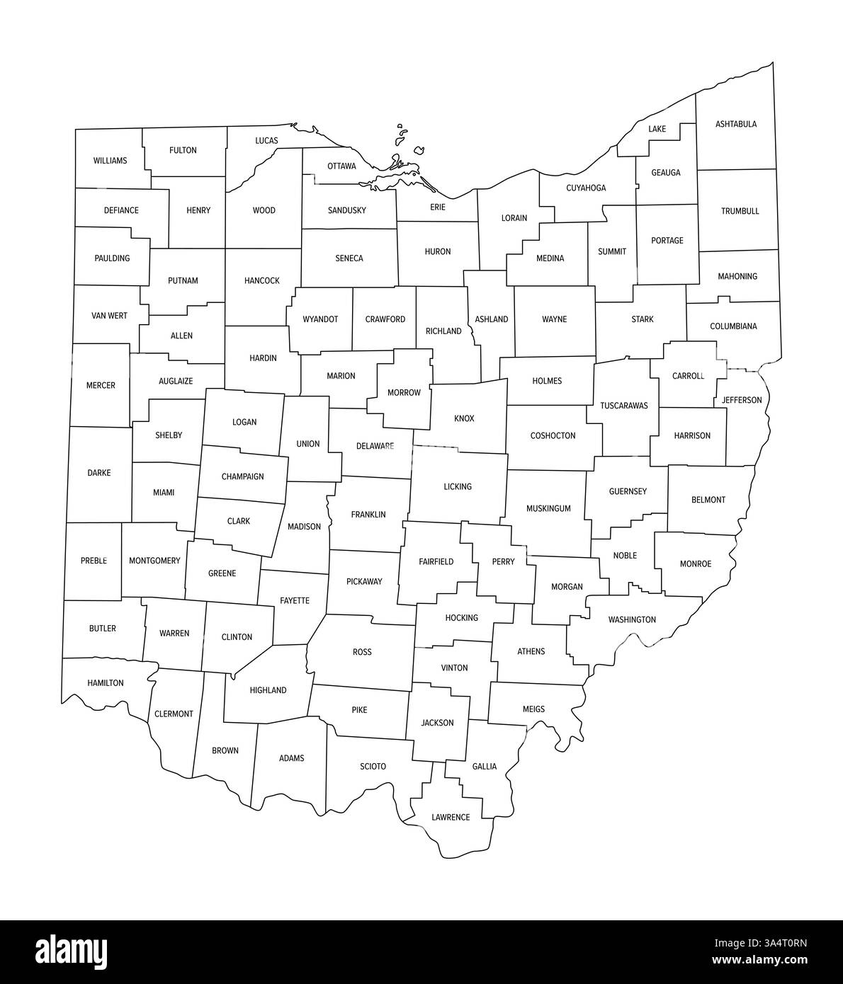 Stato dell'Ohio suddiviso in 88 contee, delineate la mappa. Stato nella regione Midwest degli Stati Uniti, soprannominato Buckeye State. Foto Stock