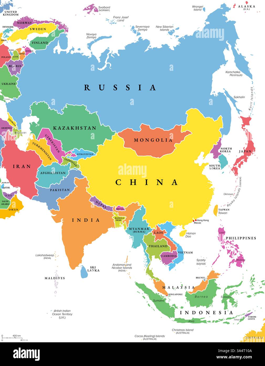 Asia, mappa politica multicolore. Il continente più grande del mondo per superficie e popolazione. Mappa con singoli stati colorati. Foto Stock