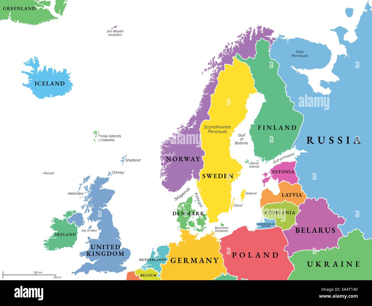 Europa settentrionale, mappa politica multicolore delle isole britanniche, di Fennoscandia, della penisola dello Jutland e con la pianura baltica. Foto Stock