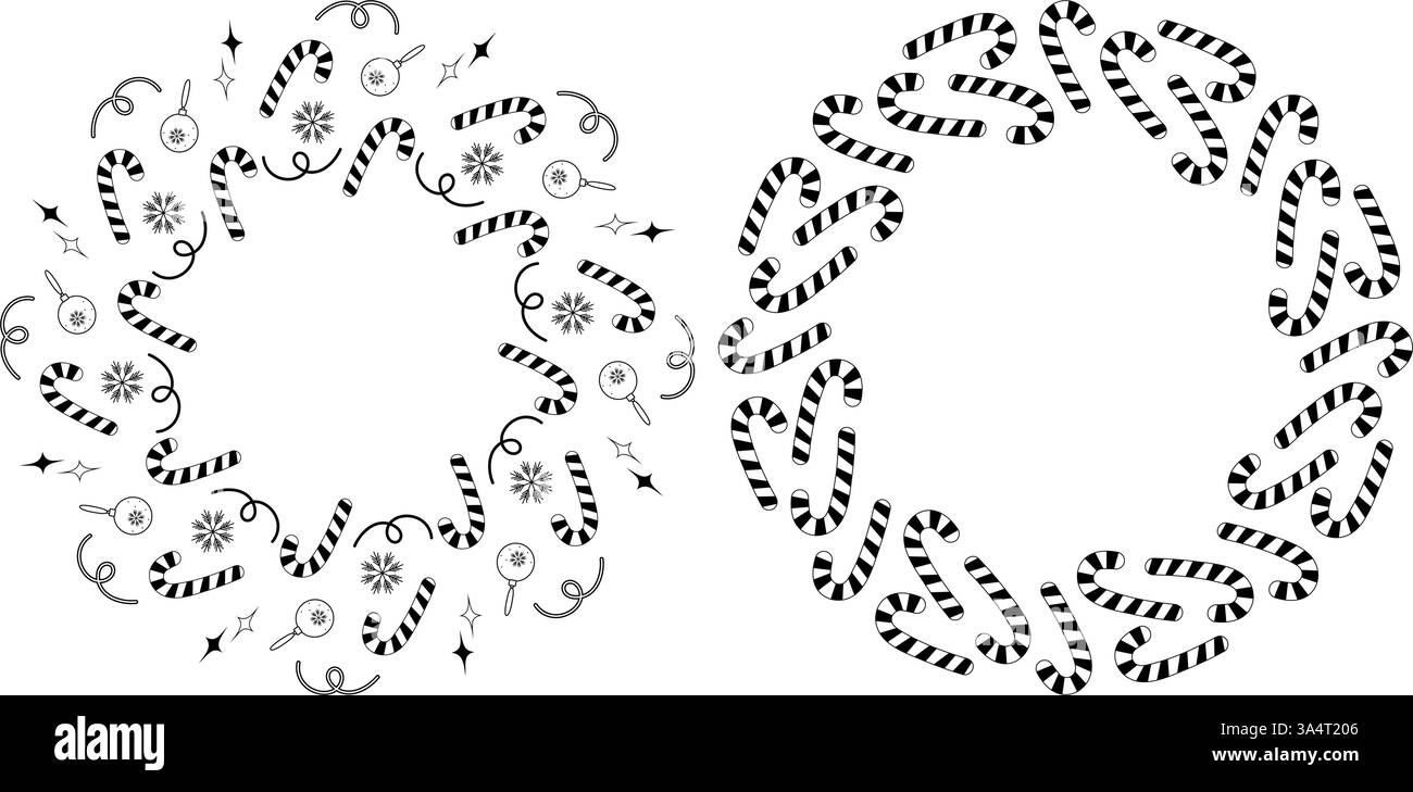 Elementi decorativi natalizi Candy Cane a righe fiocchi di neve cornice circolare Copia spazio Template Set 2. Illustrazione vettoriale isolata schede di Capodanno, poster, etichette o banner promozionali Web, opuscoli Illustrazione Vettoriale