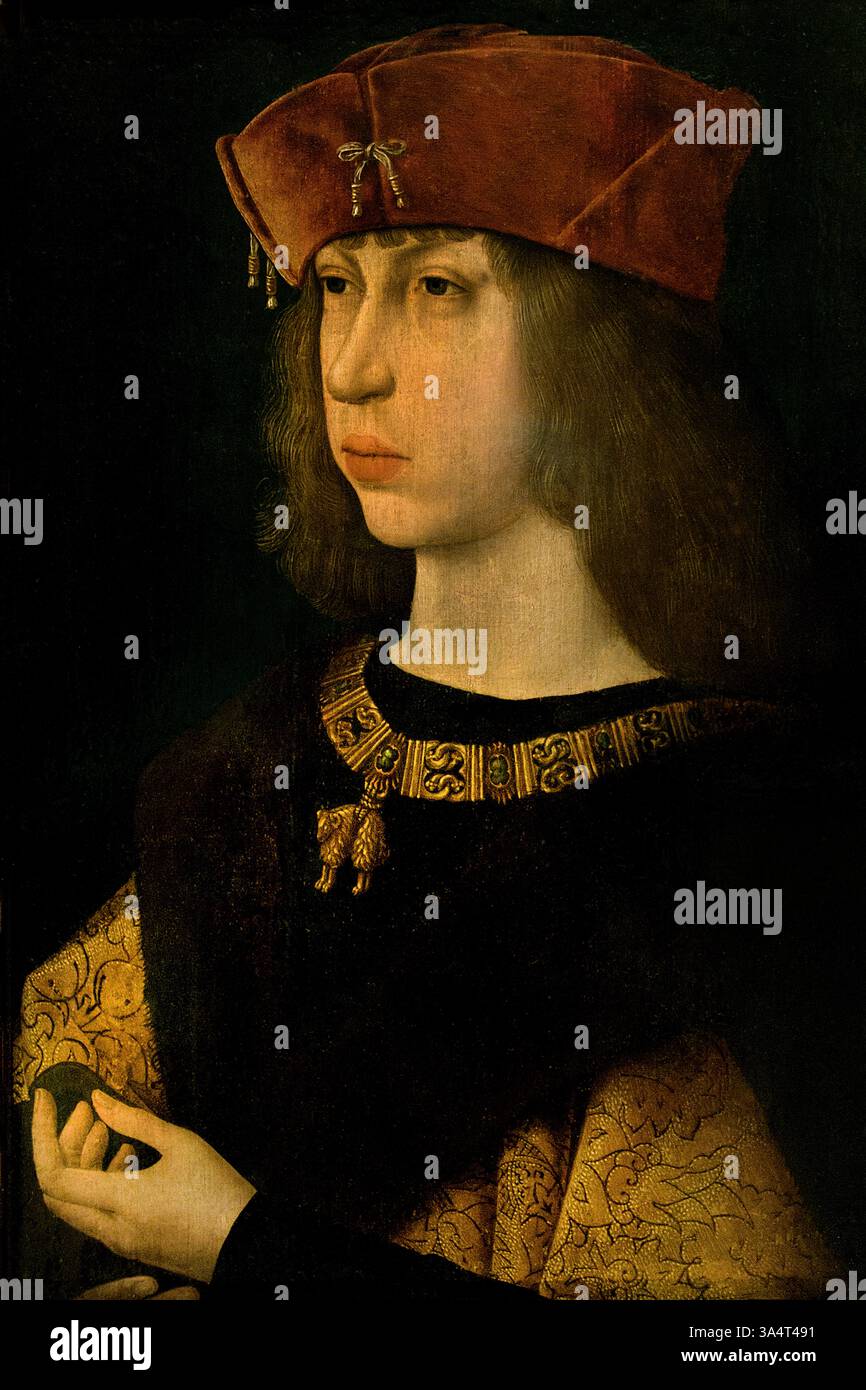 Ritratto di Filippo il bello, Arciduca d'Austria Re di Castiglia 1478 -1506 Maestro della leggenda della Maddalena Jacques van Lathem .French, Louvre France Philip il bello (1478-1506) fu un sovrano asburgico noto per la sua attrattiva fisica e il suo ruolo nella fondazione della dinastia asburgica in Spagna. Era figlio dell'imperatore Massimiliano i e di Maria di Borgogna, e sposò Giovanna la pazza, figlia dei monarchi cattolici spagnoli. Filippo servì brevemente come re di Castiglia prima della sua morte, e il suo regno segnò un passo significativo nell'espansione asburgica in Spagna. Foto Stock