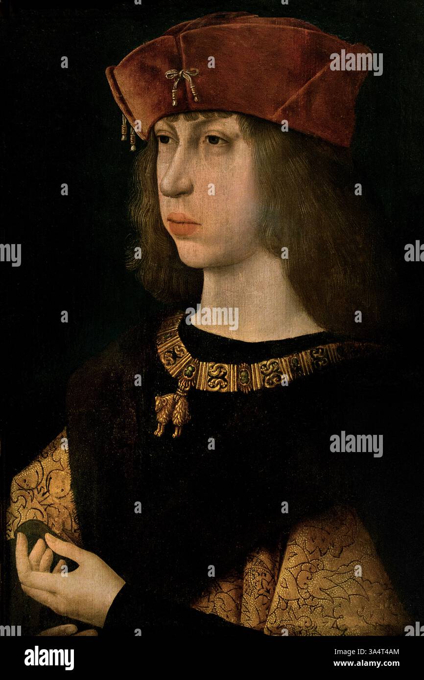 Ritratto di Filippo il bello, Arciduca d'Austria Re di Castiglia 1478 -1506 Maestro della leggenda della Maddalena Jacques van Lathem .French, Louvre France Philip il bello (1478-1506) fu un sovrano asburgico noto per la sua attrattiva fisica e il suo ruolo nella fondazione della dinastia asburgica in Spagna. Era figlio dell'imperatore Massimiliano i e di Maria di Borgogna, e sposò Giovanna la pazza, figlia dei monarchi cattolici spagnoli. Filippo servì brevemente come re di Castiglia prima della sua morte, e il suo regno segnò un passo significativo nell'espansione asburgica in Spagna. Foto Stock