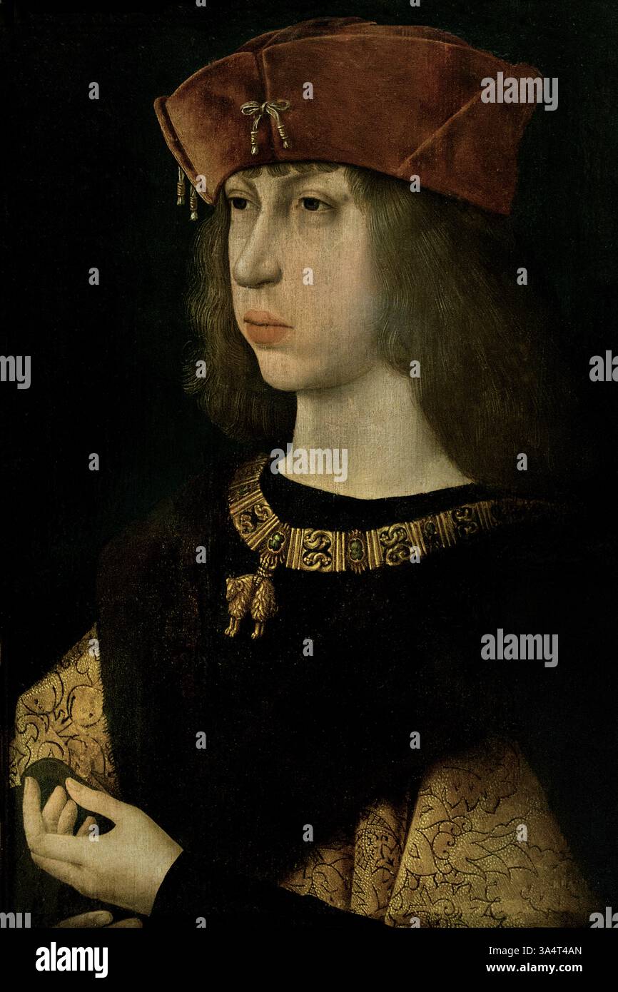 Ritratto di Filippo il bello, Arciduca d'Austria Re di Castiglia 1478 -1506 Maestro della leggenda della Maddalena Jacques van Lathem .French, Louvre France Philip il bello (1478-1506) fu un sovrano asburgico noto per la sua attrattiva fisica e il suo ruolo nella fondazione della dinastia asburgica in Spagna. Era figlio dell'imperatore Massimiliano i e di Maria di Borgogna, e sposò Giovanna la pazza, figlia dei monarchi cattolici spagnoli. Filippo servì brevemente come re di Castiglia prima della sua morte, e il suo regno segnò un passo significativo nell'espansione asburgica in Spagna. Foto Stock