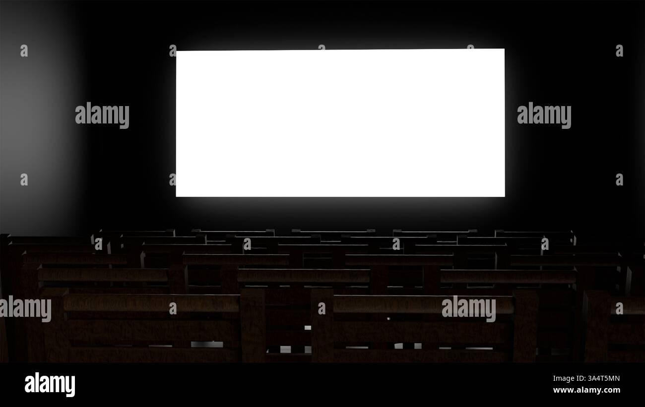 Modello 3D di sala cinematografica con schermo bianco vuoto e luce proveniente dallo schermo e file di sedie nella sala cinematografica vuota e buia Foto Stock