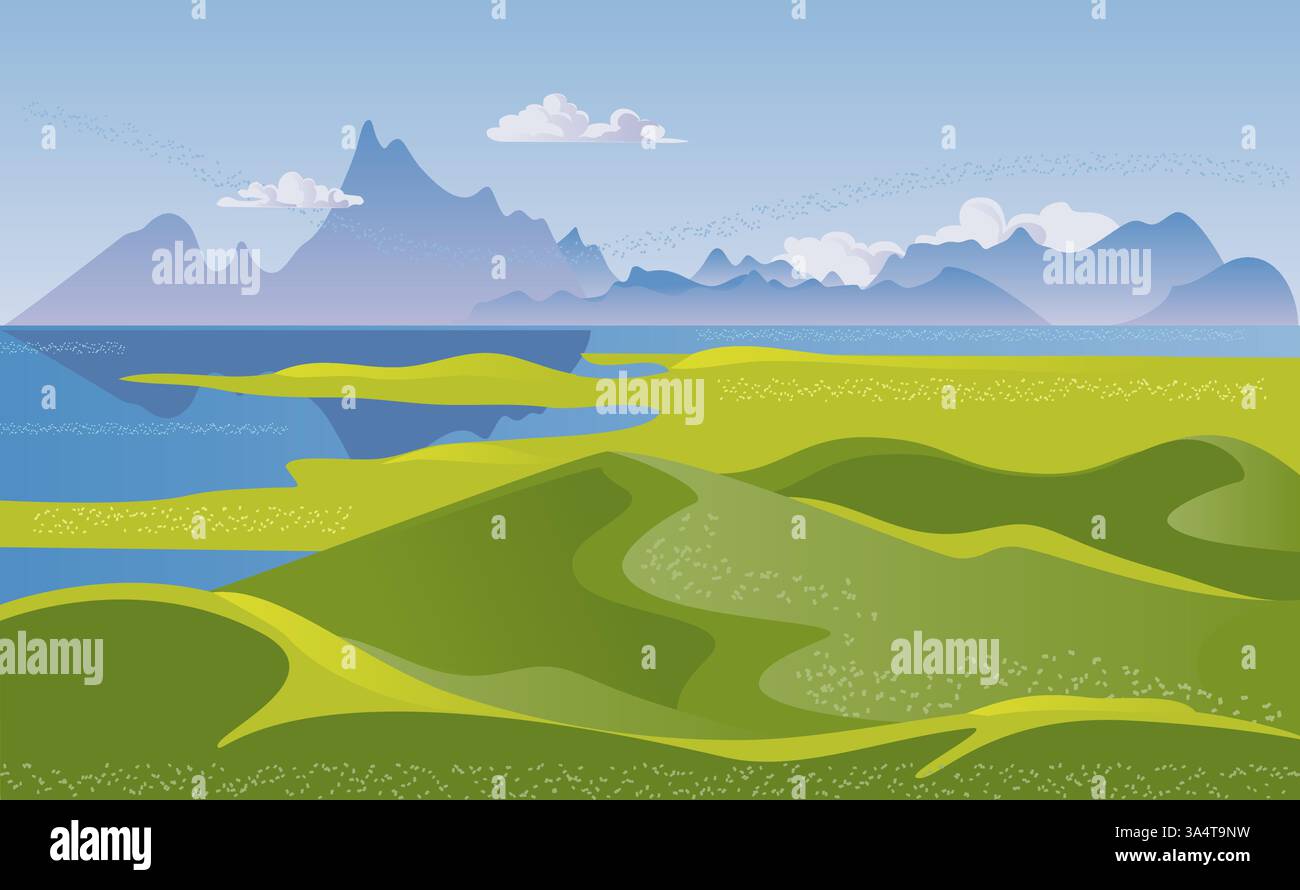 Paesaggio estivo con montagne, vallate e colline. Illustrazione vettoriale Illustrazione Vettoriale
