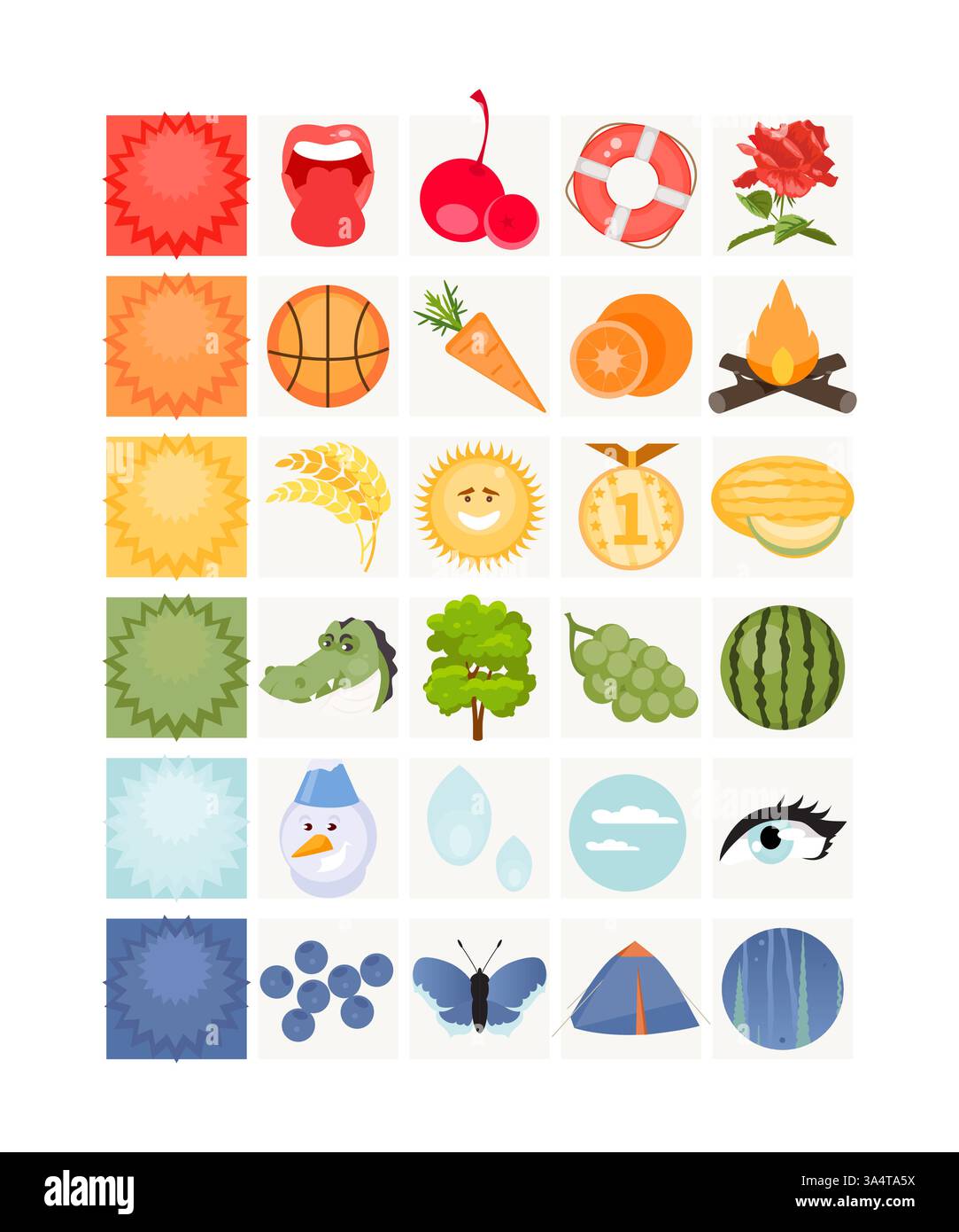 Scheda per studiare il rosso, l'arancione, il giallo, il verde, il blu. Gioco educativo per bambini illustrazione vettoriale Illustrazione Vettoriale