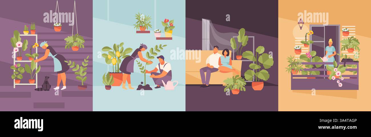 Persone che coltivano piante. Giardino di casa sul balcone, nell'appartamento, serra. Illustrazione vettoriale Illustrazione Vettoriale