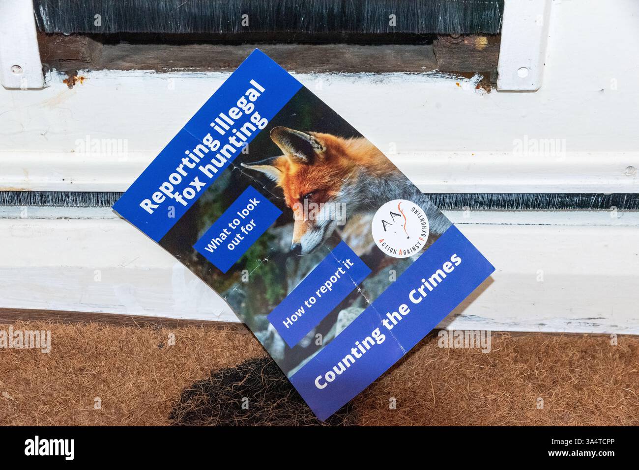 Azione contro la caccia alla volpe attraverso una porta del Regno Unito. Denuncia di caccia illegale alla volpe. Cosa cercare e come segnalarlo. Contare i crimini Foto Stock
