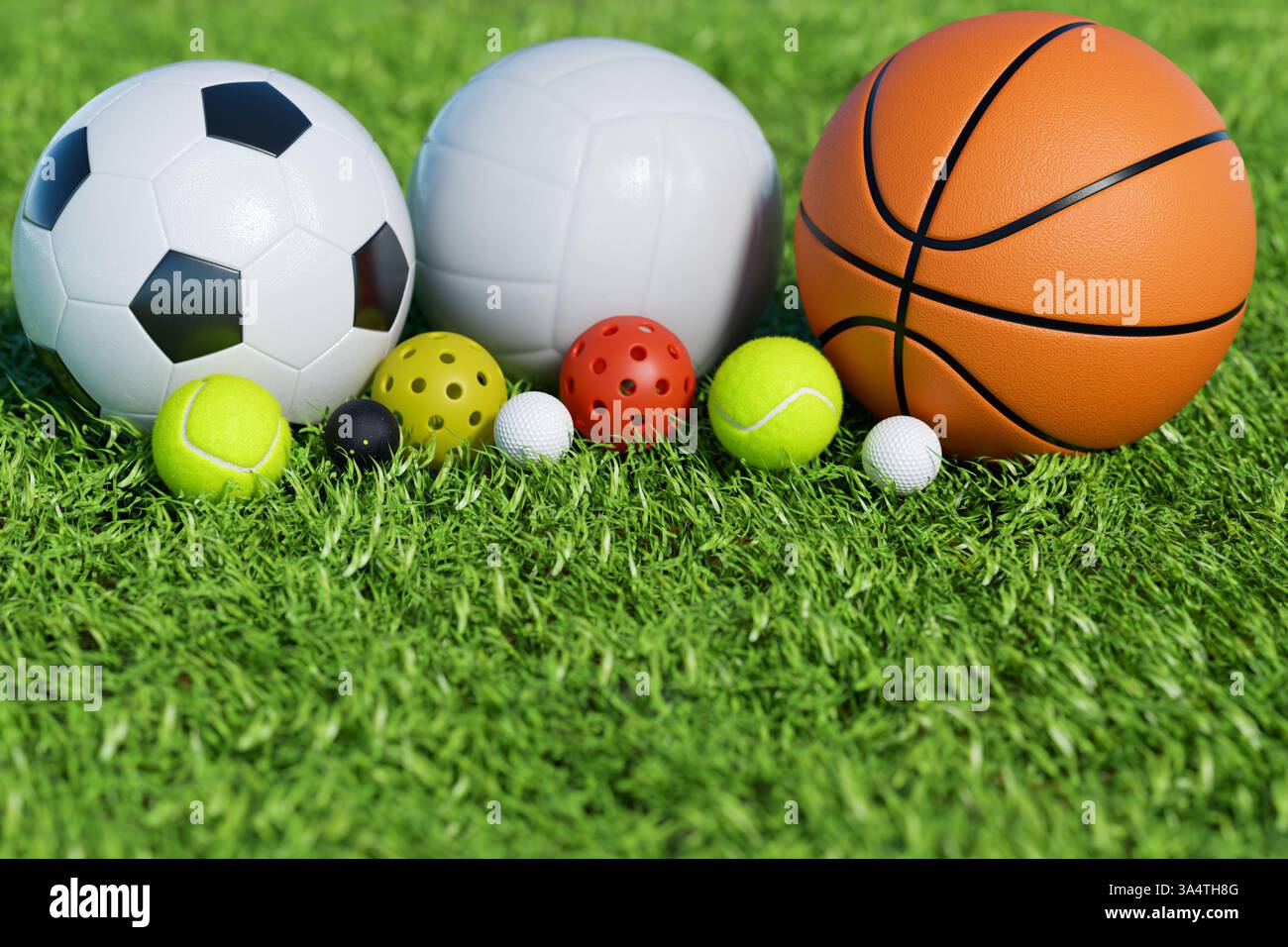 Una varietà di palline sportive esposte su erba verde, perfette per giochi e attività all'aperto. rendering 3d. Foto Stock