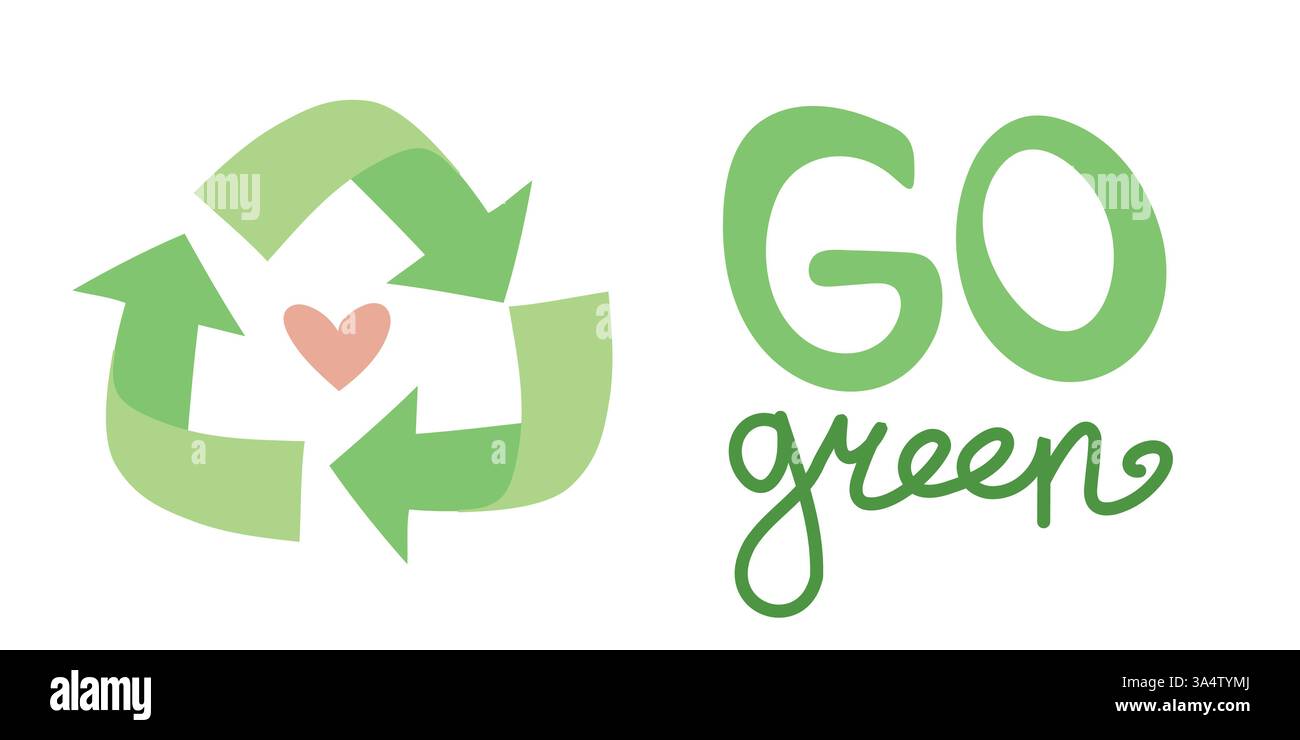 Testo verde con frecce di riciclo e icona a forma di cuore. Illustrazione pulita a sostegno della consapevolezza ambientale, delle risorse rinnovabili, della vita verde e dell'ambiente Illustrazione Vettoriale Testo verde con frecce di riciclo e icona a forma di cuore. Illustrazione pulita a sostegno della consapevolezza ambientale, delle risorse rinnovabili, della vita verde e dell'ambiente Illustrazione Vettoriale