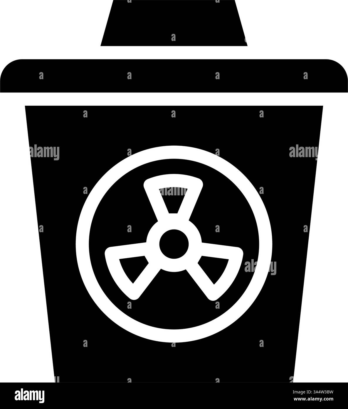 Icona cestino dei rifiuti nucleari Glyph. Energie rinnovabili, ecologia e alternative energetiche. Icona di colore nero fisso Illustrazione Vettoriale