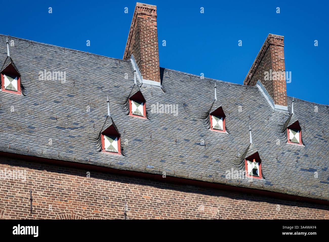 molti piccoli dormitori con persiane bianche-verdi sul tetto di un castello medievale in germania Foto Stock
