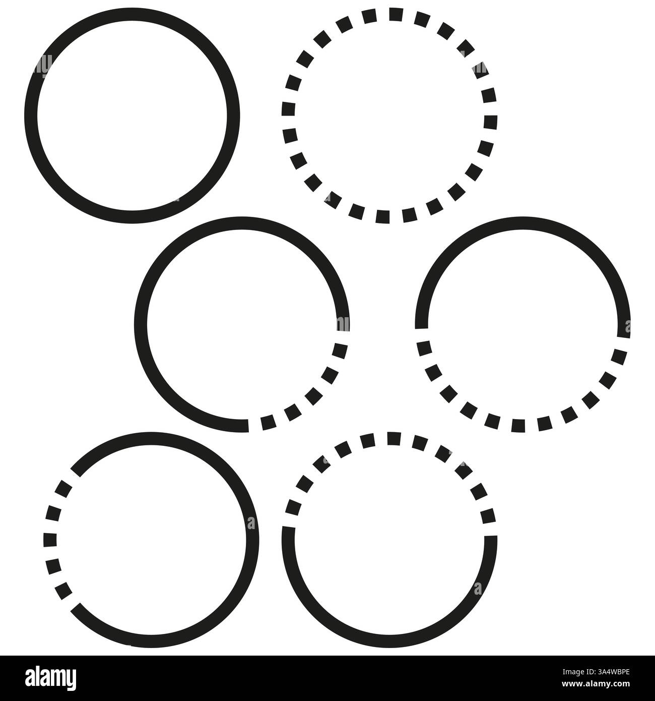 Icone circolari tratteggiate. Forme arrotondate incomplete. Grafica astratta nera. Elementi minimi vettoriali. Illustrazione Vettoriale