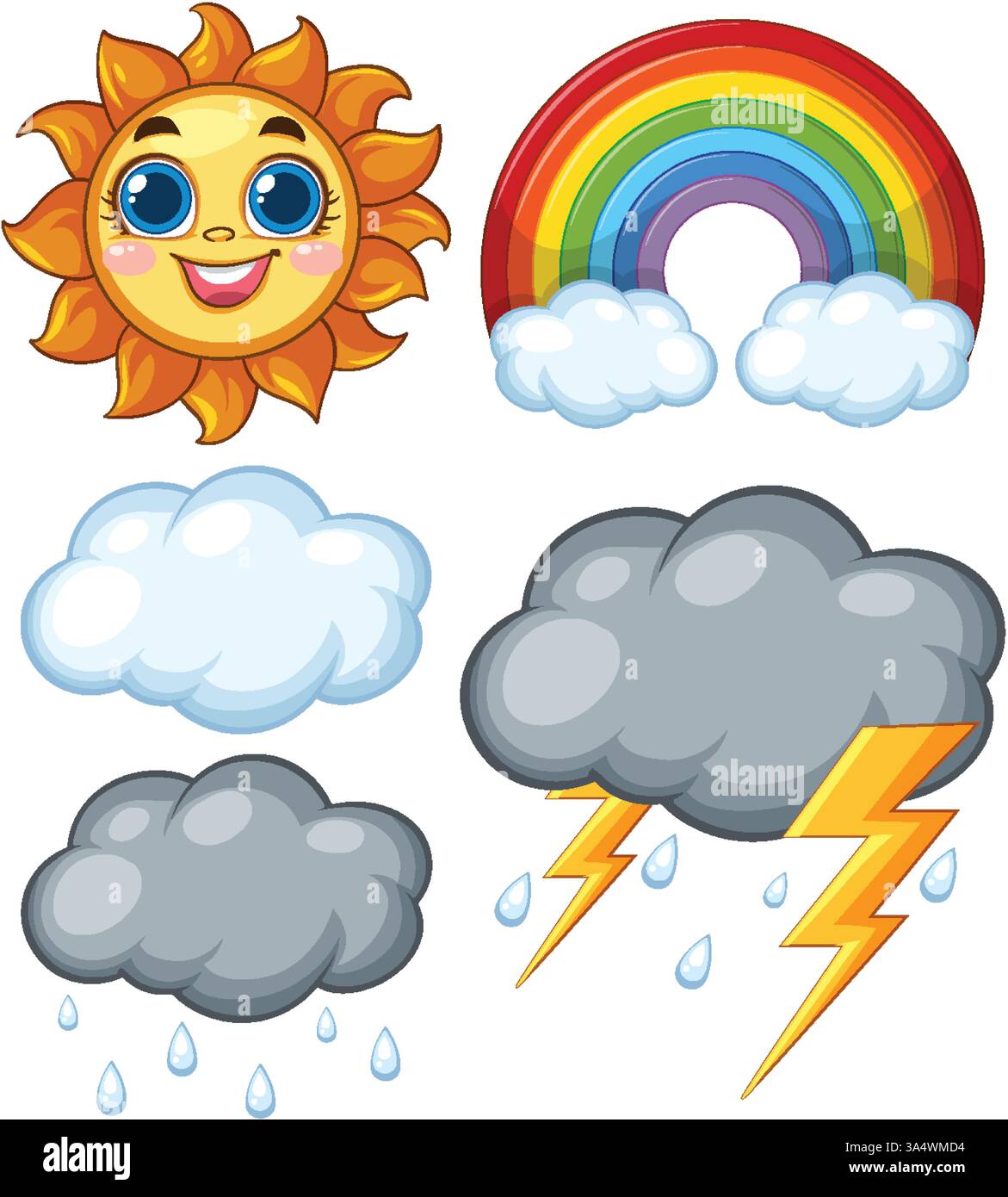 Illustrazione vettoriale degli elementi meteorologici, tra cui un sole sorridente, un arcobaleno, nuvole e fulmini. Colori brillanti e stile divertente Illustrazione Vettoriale